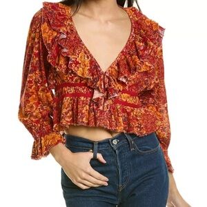 Free People Rudi Floral Printed Ruffle Cropped Blouse Cherry Combo Size:S